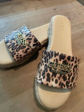 GUESS Leopard-Print Slide Sandals with Gold Logo